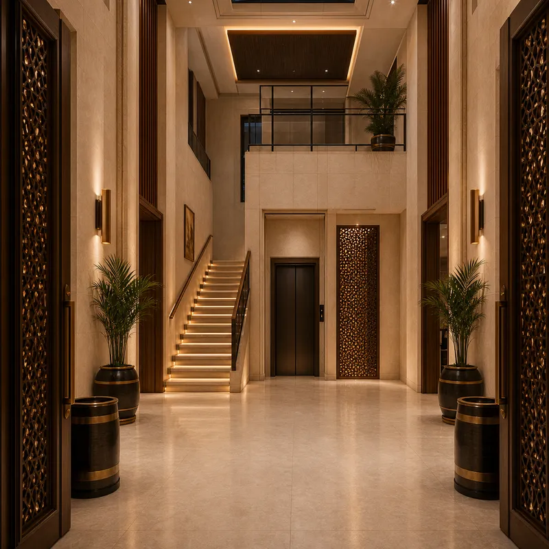 Luxury double-height foyer with illuminated staircase