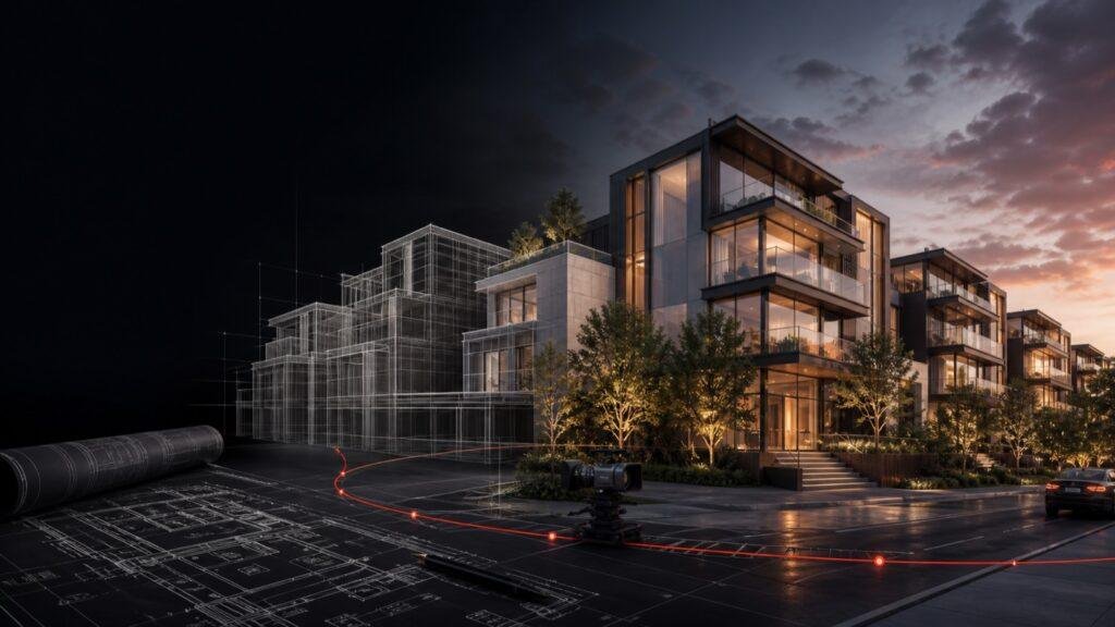 3D architectural animation progressing from floor plans and wireframe modeling to a finished property visualization